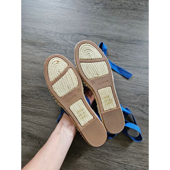 J. Crew Women's Blue Red Striped Ankle Wrap Pom Pom Espadrille Flats NIB Size 9 - Picture 7 of 9